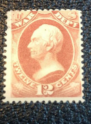 Us Official Stamp 1873 12c War Clay Scott O89 Og H Cv $289.  00
