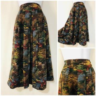 Vintage Skirt Size 12 Retro Wool Boho German Green Brown Fox Wildlife Country A1