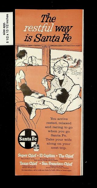 1961 Santa Fe Railroad Travel Restful Way Train Vintage Print Ad 016309