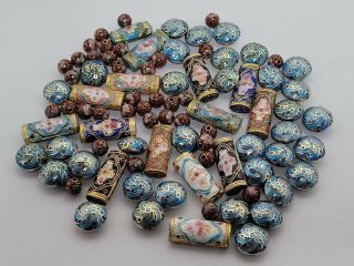 85 Cloisonne Beads - Flowers - Enamel Painted - Use For Necklaces - Painted - Round - Vintag