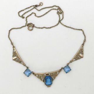 Antique / Vintage Rolled Gold Art Deco Style Blue Faux Gems Necklace Approx 41cm