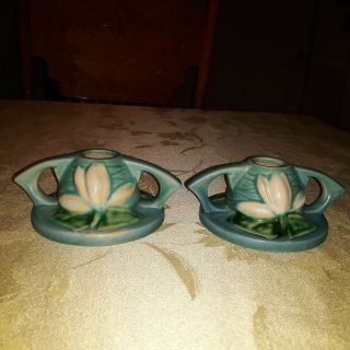 Roseville Candlestick Holders Pair Blue Green Water Lily Candle Sticks 11511 - 2