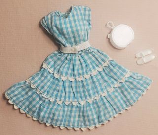 Vintage Barbie Mom Made Turquoise White Gingham Swing Dress White Shoes Purse