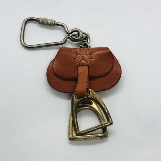 Vtg Tooled Leather Horse Saddle Cowgirl Cowboy Keychain W/ Brass Stirrups