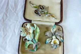 Vintage Jewellery Enamel Marcasite Flower Brooches Pins A/f