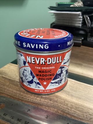 Vintage 1941 Nevr - Dull Can Magic Wadding Polish 5 Oz Metal Advertising Tin Full