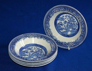 Alfred Meakin Set 6 Old Willow Pattern Blue & White Rimmed Dessert Bowls 16.  25cm