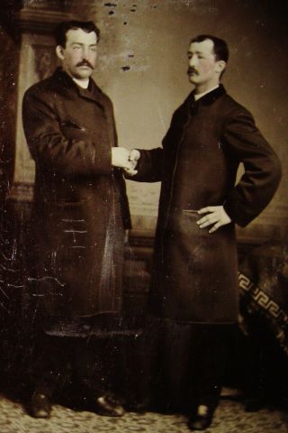 Antique Tintype Photo Of 2 Handsome Dapper Young Men Shaking / Holding Hands