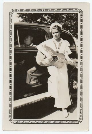 Intriguing Young Woman Playing Guitar Alongside 1930s Car Vintage Snapshot Photo