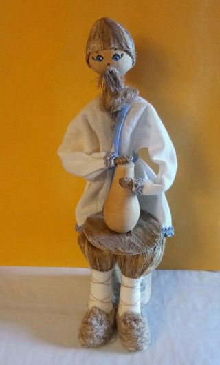 Vintage Corn Husk And Wood Doll Making A Vase Sitting On A Tree Stump - Rare Find