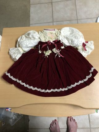 Vintage Doll Dress Victorian Plush Velvet And Lace Crimson Cream Fits 21 " To 23 "