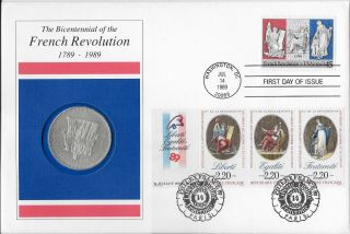 Bicentennial Of French Revolution C120 Airmail Fdc W/ 50 Franc Coin.  900 Silver