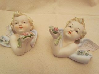 Pair Lefton Hand Painted China Cherub Wall Plaques Holding Flowers