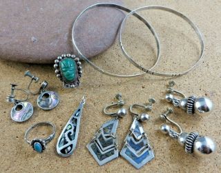 Vintage Turquoise Ring Sterling Silver Bracelet & Abalone Earrings Pendant 426
