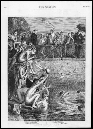 1886 Antique Print - London Harrow Swimming Races Boys Bridge Botas (155)