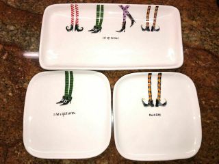 Rae Dunn Halloween Platter & 2 Square Plates Witch Legs Feet Ceramic 2017