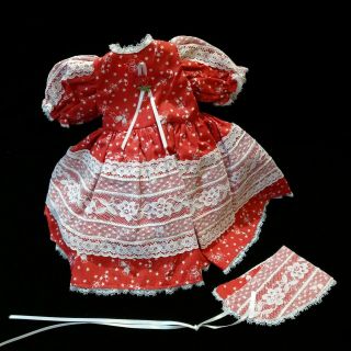 Vintage Doll Dress W Matching Bonnet.  Red White Candy Canes.  Holiday W Lace.
