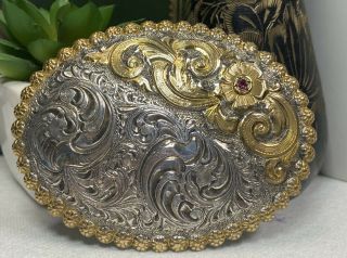 Crumrine Vtg Gold Tone Ruby Jewel Floral Buckle Heavy Silver Plate On Bronze Usa