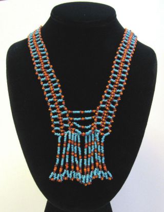Vintage 1960s 70s Arizona Navajo Indian Beaded Necklace Turquoise Burnt Orange