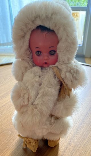 Vintage Eskimo Doll Baby In Real Leather & Fur 9” Tall