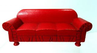 Vtg 1930s Strombecker Dollhouse Furniture Red Rolled Arms 3 Cushion Sofa Usa