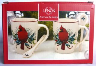 Lenox Winter Greetings Cocoa Mugs With Spoon Red Cardinal Bird Motif