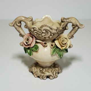 Vtg Italian Bassano Ceramic Capodimonte Vase 3d Flowers Roses Multi - Color Italy
