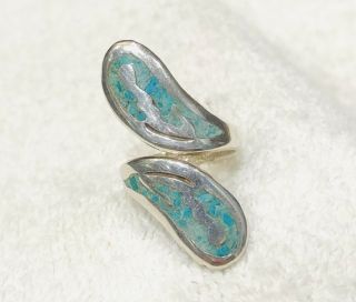 Vintage 925 Sterling Silver Taxco Mexico Turquoise Inlay Adjustible Size 7 Ring