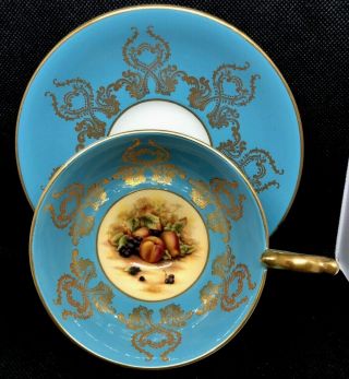 Aynsley Cup & Saucer Set Turquoise With Orchard Inside Cup & Gold Filigree Trim
