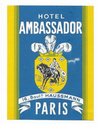 Authentic Vintage Luggage Label Hotel Ambassador Paris,  France