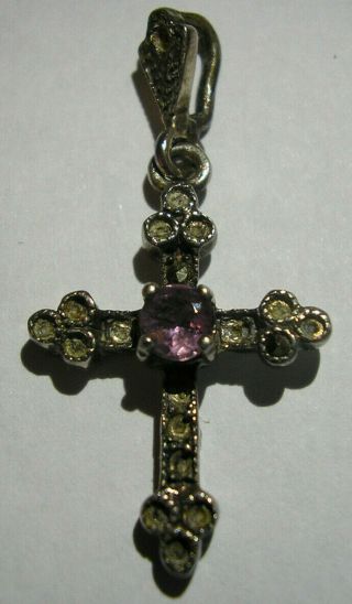 Antique Sterling Silver Christian Cross Pendant With Amethyst & Bale Marked 925