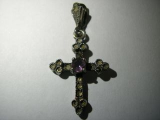 Antique Sterling Silver Christian Cross Pendant with Amethyst & Bale Marked 925 2