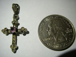 Antique Sterling Silver Christian Cross Pendant with Amethyst & Bale Marked 925 3