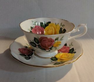 Vintage Royal Albert Tea Cup & Saucer Set W/ Pink & Yellow Roses Gold Trim