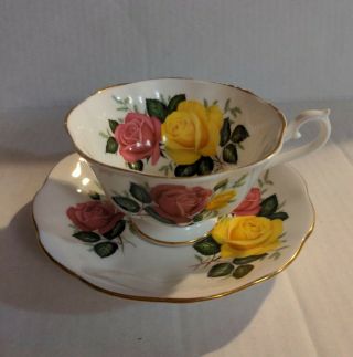 Vintage Royal Albert Tea Cup & Saucer Set W/ Pink & Yellow Roses Gold Trim 2