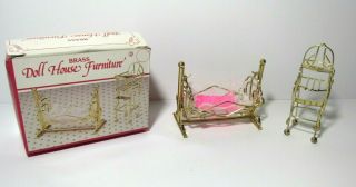 Vintage Doll House Furniture Brass Rocking Baby Crib And High Chair