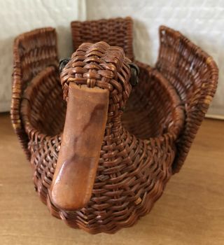 Vintage Duck Shaped Woven Rattan Wicker Basket Planter With Wooden Beak 8x5