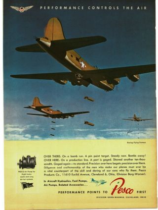 1943 Pesco Pumps Boeing B - 17 Flying Fortress Dropping Bombs Wwii Vintage Ad