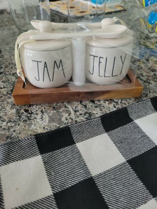 Htf Rae Dunn “jam” & “jelly” W/ Wood Tray And Serving Spoons Fall 2020