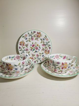 Pair Minton Haddon Hall Hand Painted Cup Saucers Tea Butter Plate