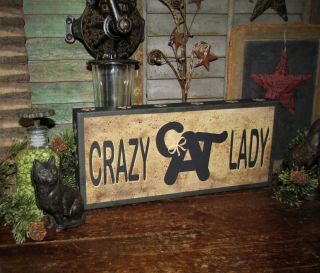 Primitive Antique Vtg Style Farmed Canvas Crazy Cat Lady Hanging Kitty Sign