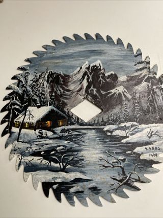 Vintage 1994 Hand Painted Saw Blade Winter Mountain Cabin Scene Art