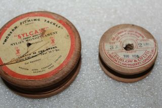 2 Vintage Wooden Spools Of Fishing Line C Farlow 2lb & Sylcast 18.  7lb Part