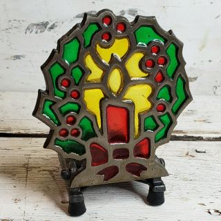 Wrought Cast Iron Stained Glass Christmas Wreath Votive Candle Holder Xmas