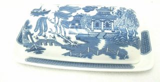 Churchill 2 Pc Butter Dish Lid Blue Willow Birds Pagoda 7.  5 " Porcelain England