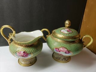 Vintage Nippon Microbeaded Cream And Sugar Set With Gold And Roses