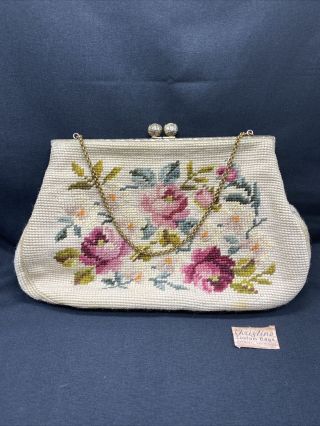 Vtg Needlepoint Purse Roses Pearl Clasp Christine Custom Bags Detroit Michigan