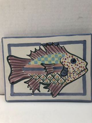 1996 Vintage Mackenzie Childs Fish Trivet Blue Right - facing 2