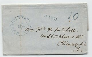 1850 Springfield Il Blue Cds Stampless Letter Paid 10 Rate [5806.  938]