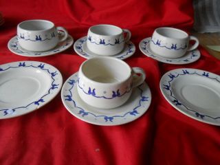 Poppy Trail " Provincial Blue " Homestead.  4 Cups & Saucers & 2 Saucers